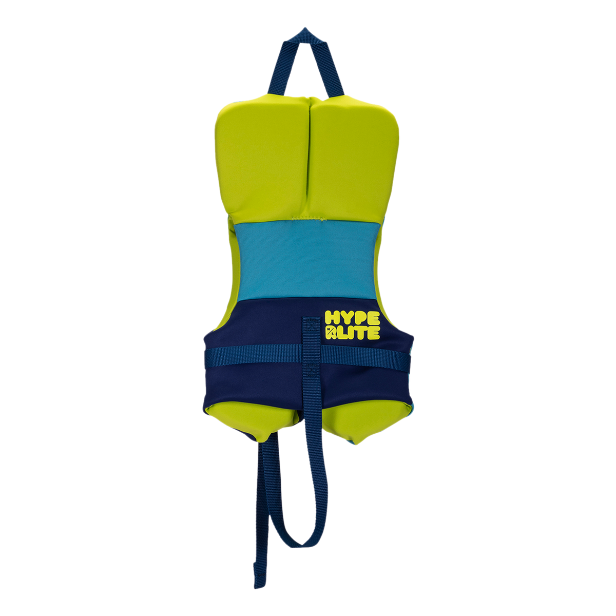 A green-blue USCG-approved vest with Hyperlite text, called Boys Toddler Indy CGA.