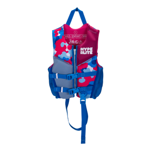 Girls Indy vest in pink & blue with adjustable straps and top handle.