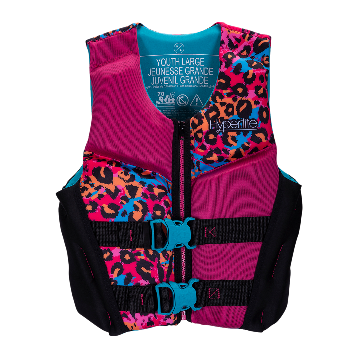 Girls Youth Indy - CGA Vest features a leopard print and blue buckles.