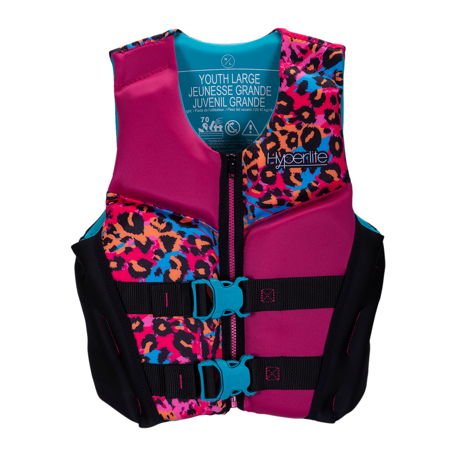 Girls Youth Indy - CGA Vest features a leopard print and blue buckles.