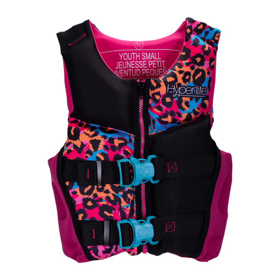 Girls Youth Indy Vest - Small with leopard print and pink, blue buckles.