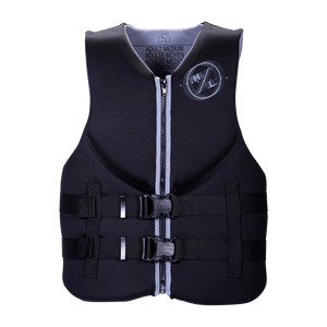 Mens Indy CGA Vest - Grey: Black, front zipper, buckle straps; vital water safety gear.