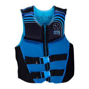Coast Guard-approved Junior Indy CGA Vest, blue/black with buckle straps and zipper.
