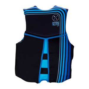 Junior Indy CGA Vest: Black/blue, USCG approved, white logo & stripes.
