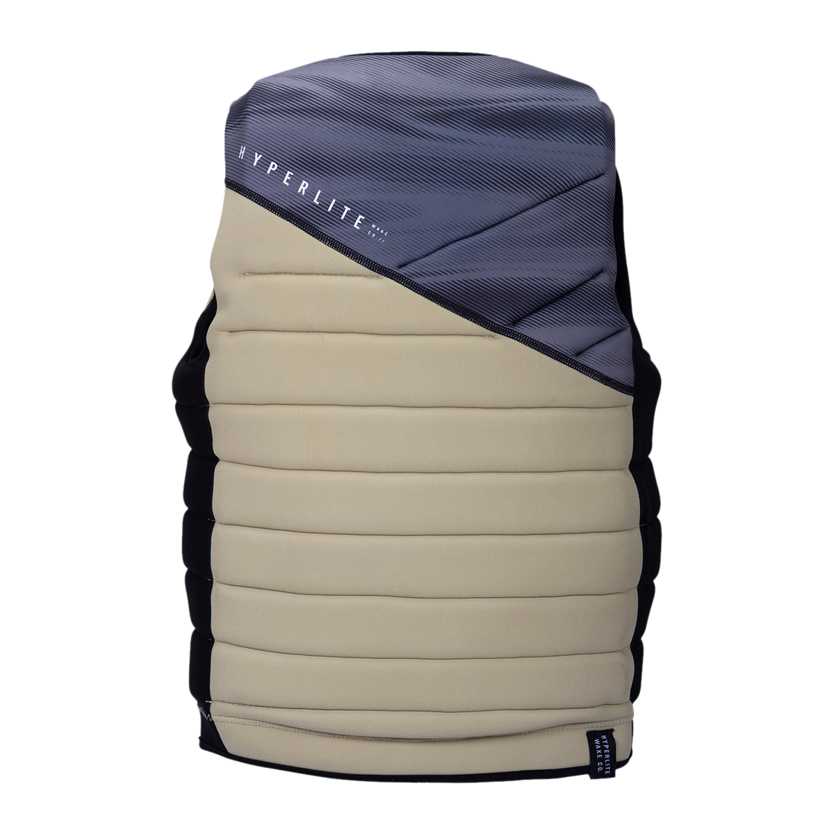 The Wishbone Jacket is a padded vest with horizontal beige and gray sections for wakeboarding.