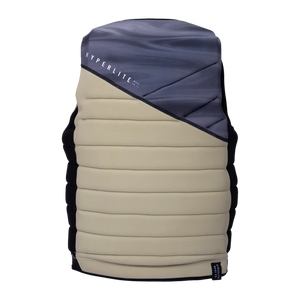 The Wishbone Jacket is a padded vest with horizontal beige and gray sections for wakeboarding.