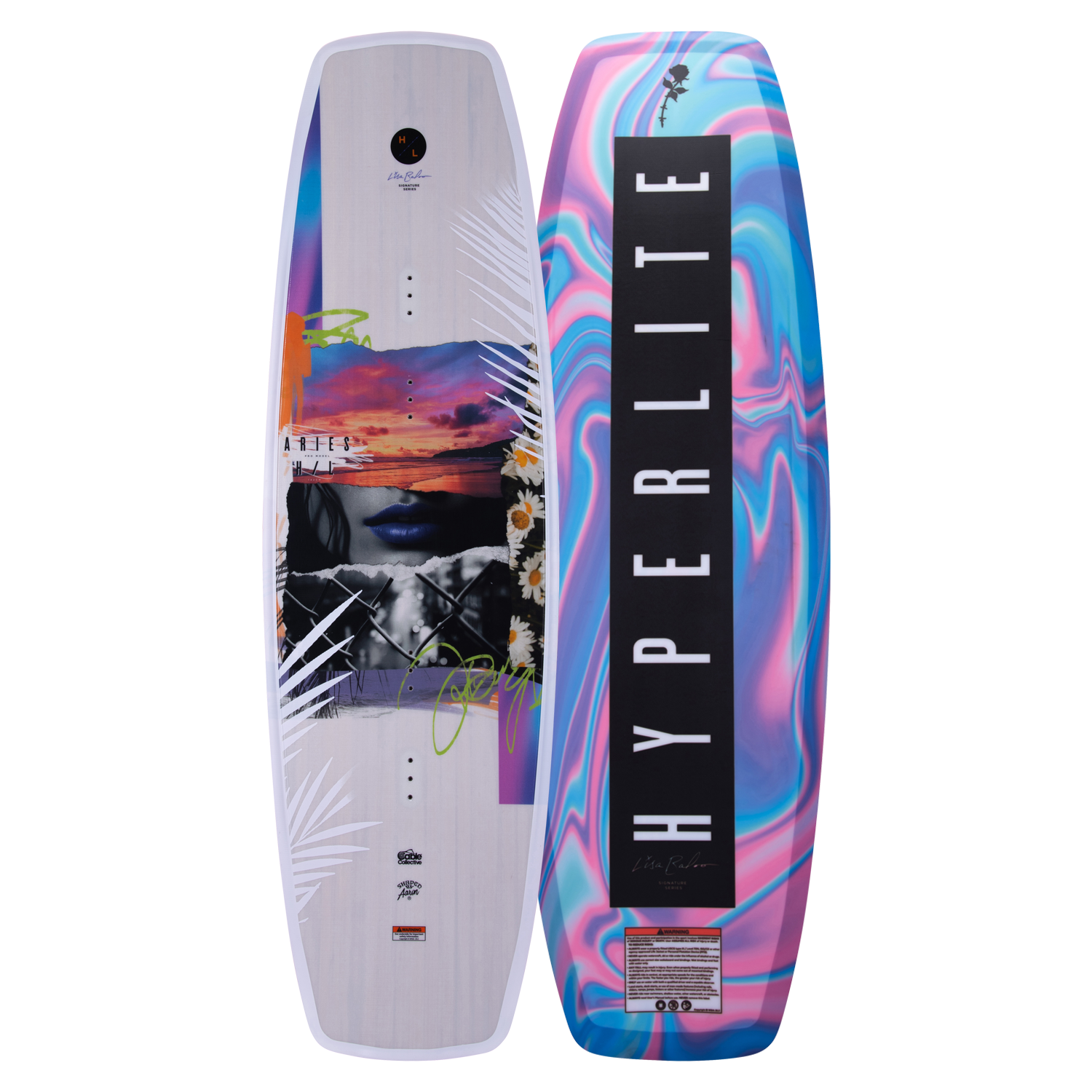 Top and base of colorful Aries cable wakeboard with HYPERLITE branding and Abrupt Continuous Rocker.
