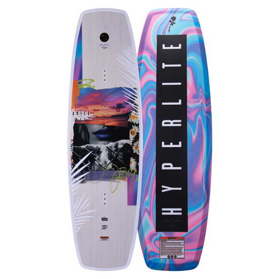 Top and base of colorful Aries cable wakeboard with HYPERLITE branding and Abrupt Continuous Rocker.