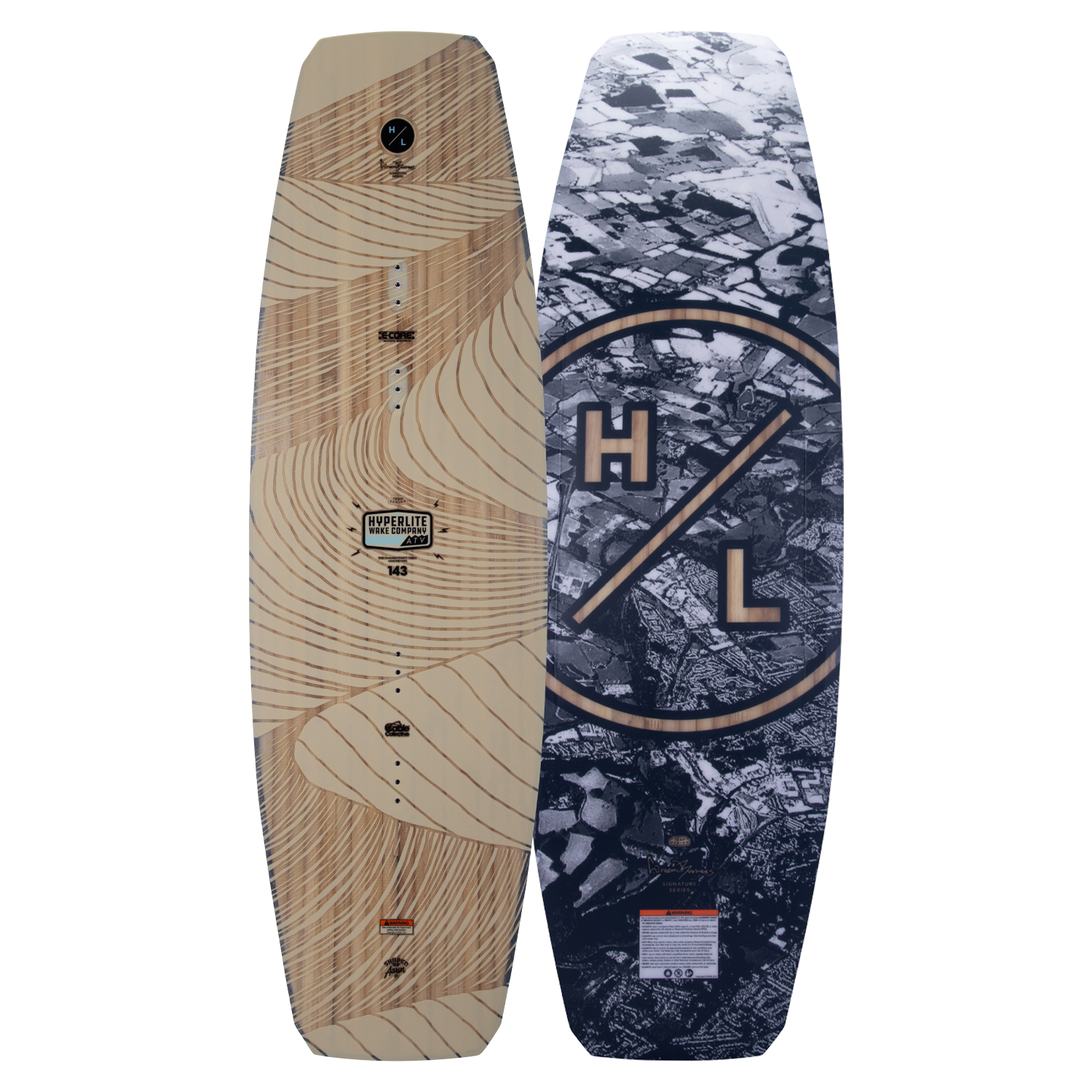Top and base of ATV 2024 wakeboard with logos, featuring E-Core Construction.