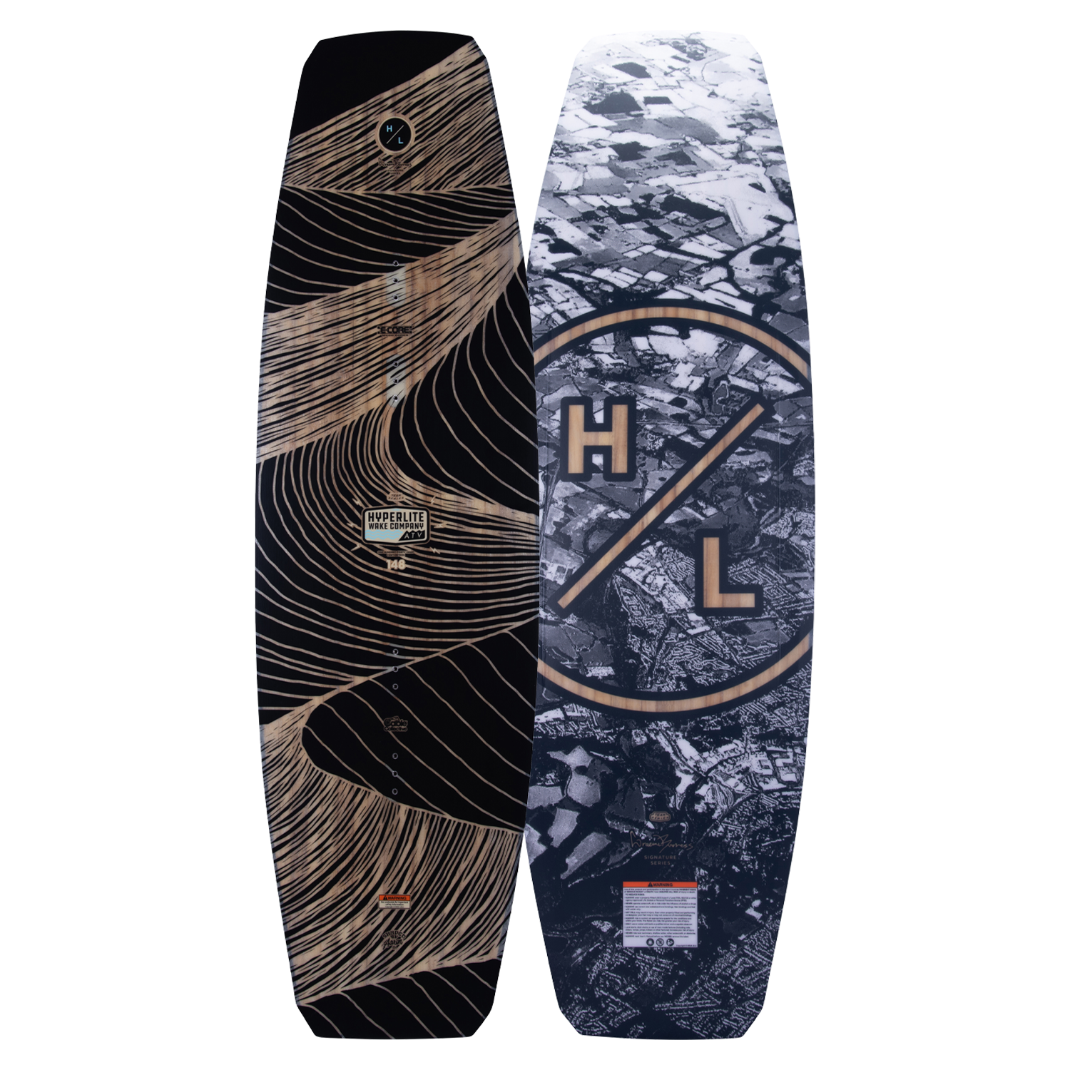 Top and base of ATV 2024 wakeboard with abstract designs in black, wood, and gray tones featuring E-Core.