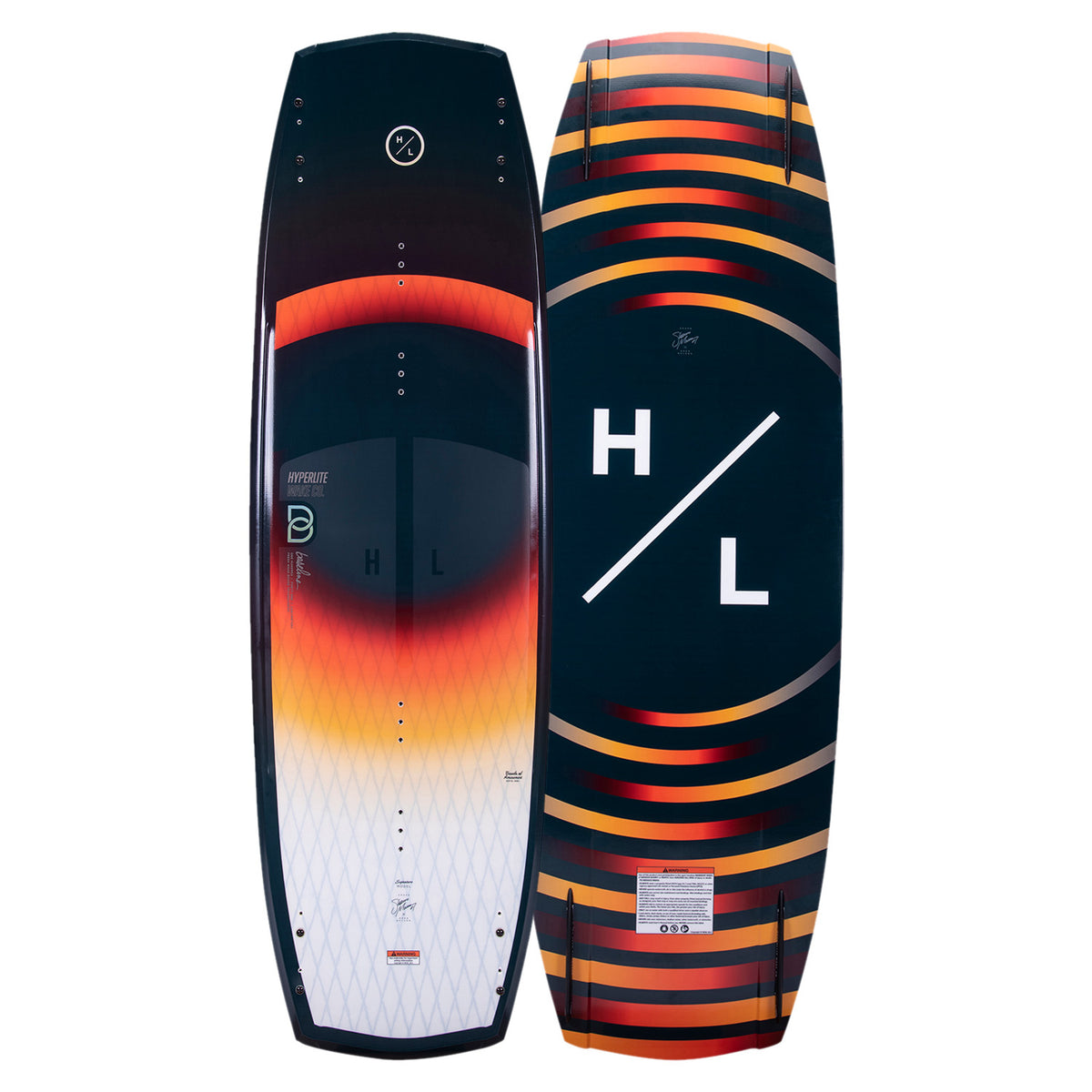 Top and base view of the Baseline wakeboard with gradient fade and bold striped graphic.