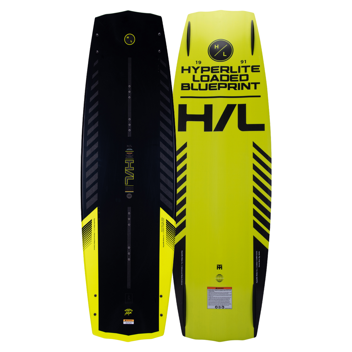 Top and base of Hyperlite Blueprint Loaded 2024 wakeboards stand upright, in yellow and black.