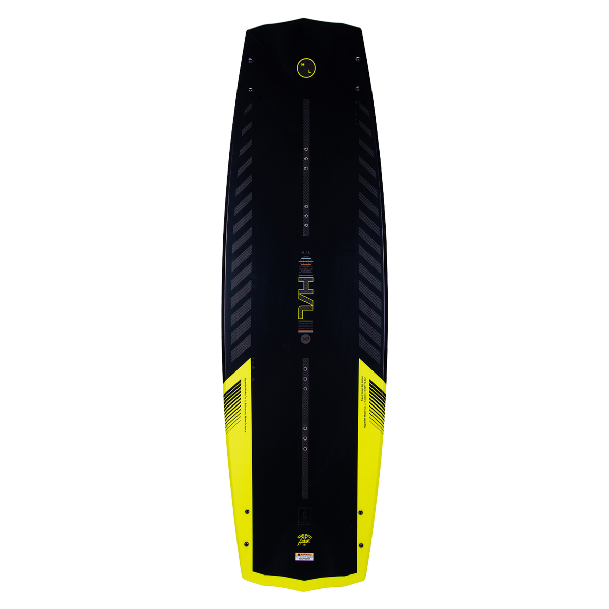 Trevers Blueprint Loaded 2024 wakeboard in black/yellow with zigzag side pattern.
