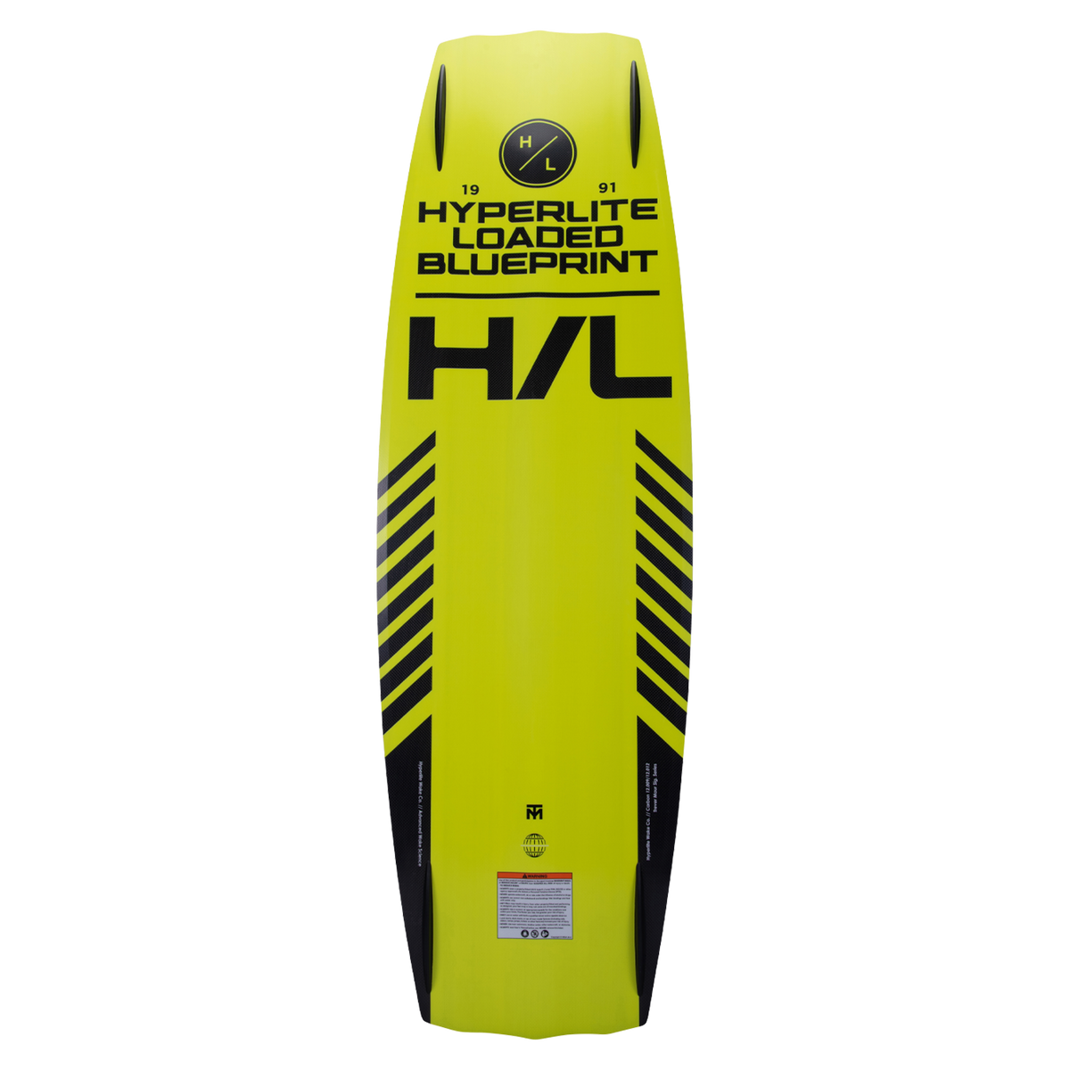 Yellow Blueprint Loaded 2024 wakeboard with black text and stripes.