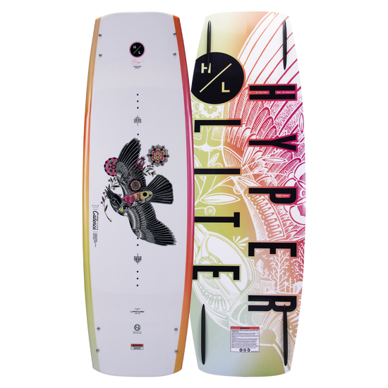 Top and base of Cadence wakeboard: one with birds & flowers, the other featuring a Continuous Rocker.