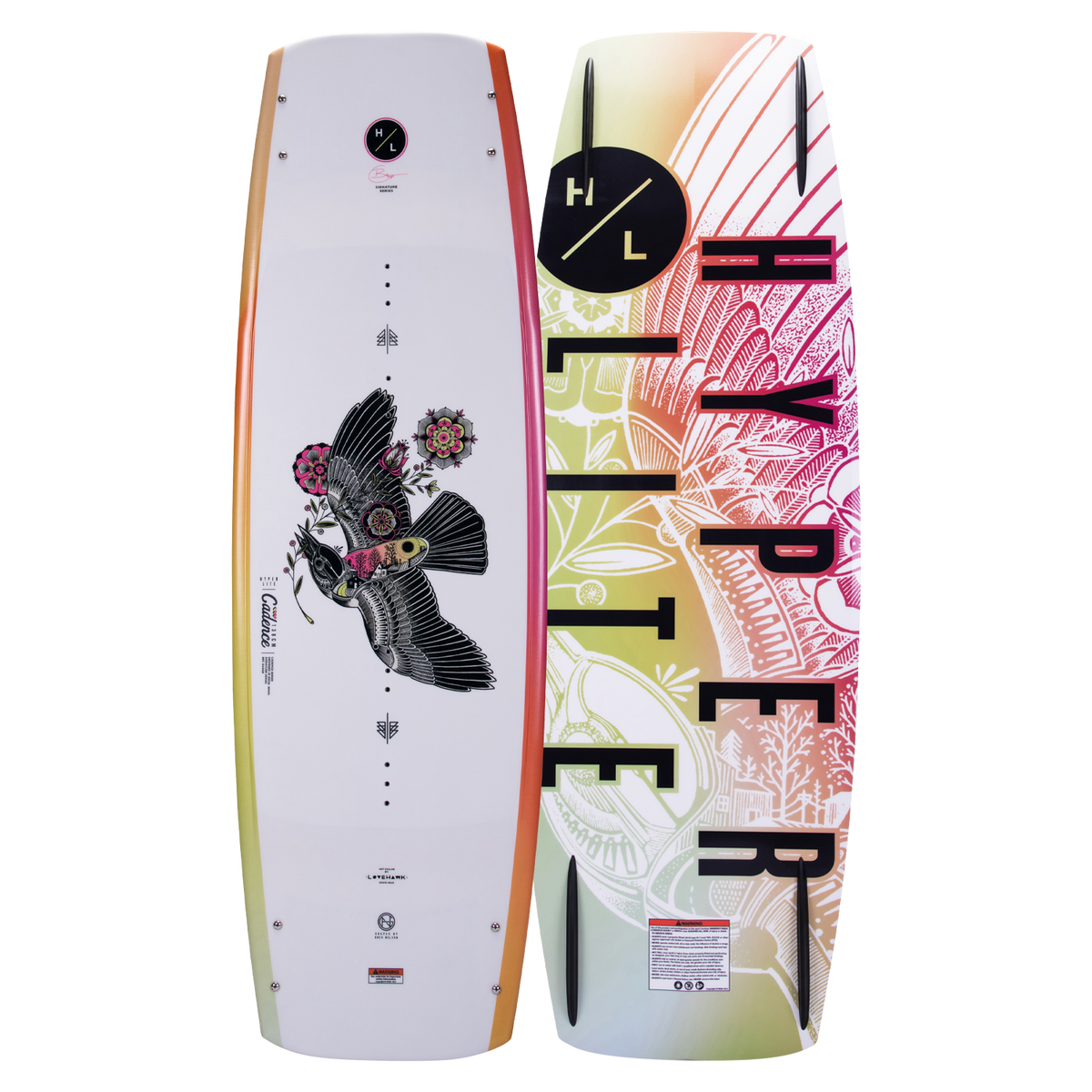 Top and base of Cadence wakeboard: one with birds & flowers, the other featuring a Continuous Rocker.