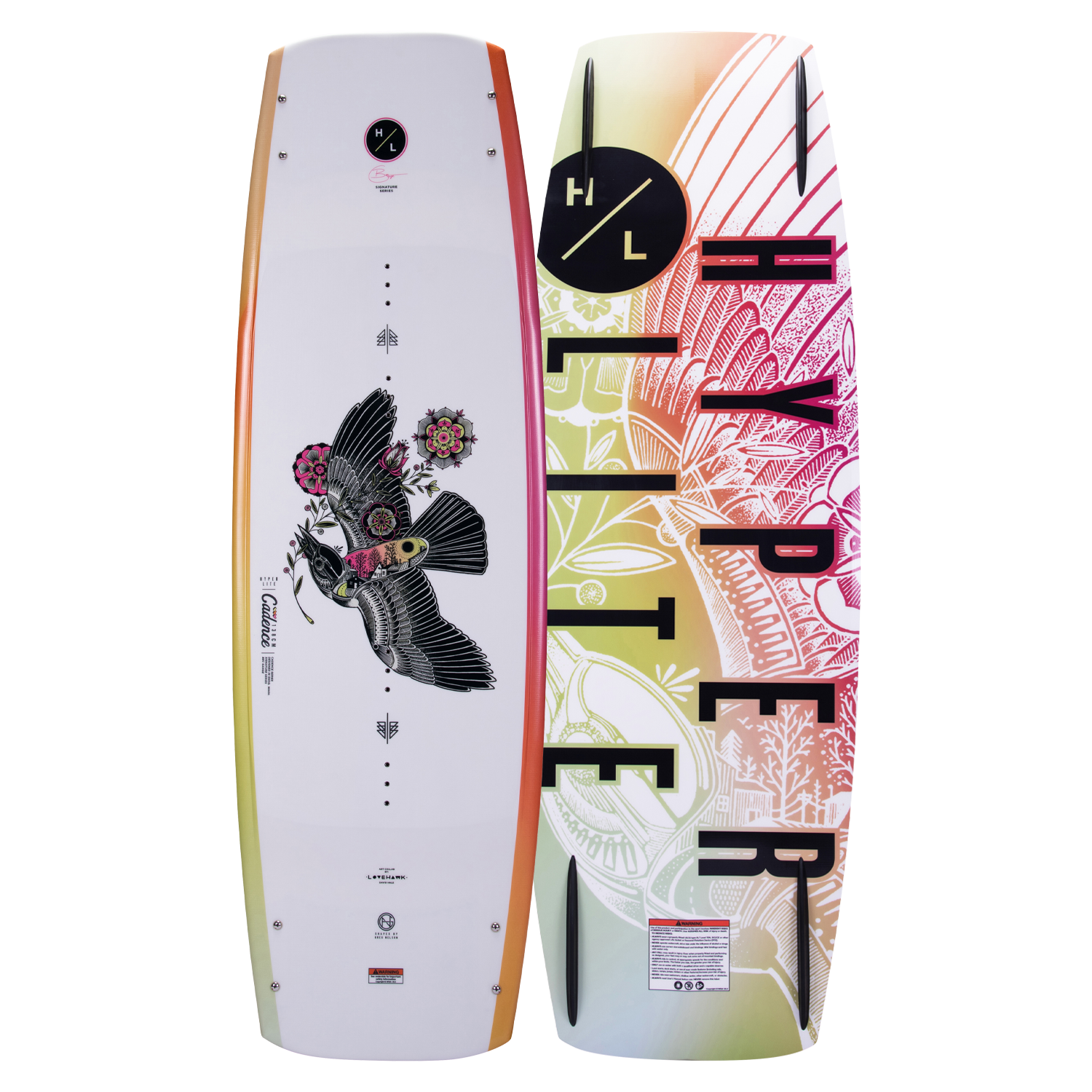 Top and base of Cadence wakeboard: one with birds & flowers, the other featuring a Continuous Rocker.
