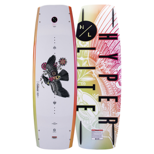 Top and base of Cadence wakeboard: one with birds & flowers, the other featuring a Continuous Rocker.