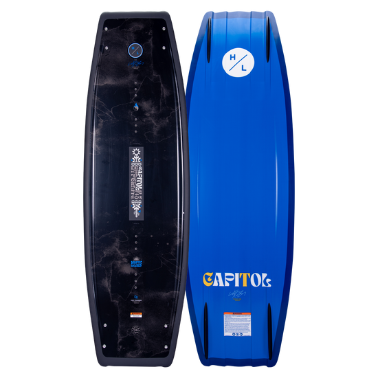 Capitol 2024 Black/Blue Wakeboard with Graphics and a Blended 3-Stage Rocker.