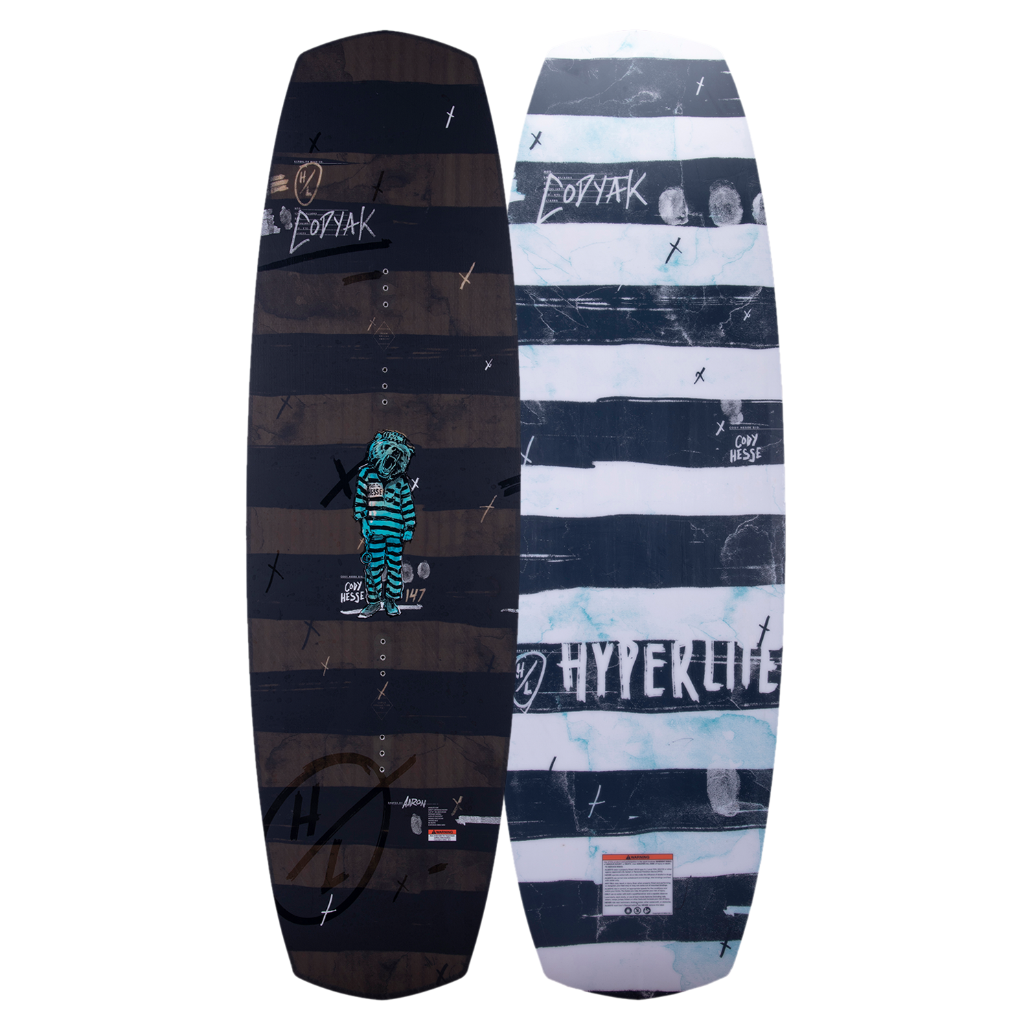 Top and base of Codyak wakeboards with bold graphics on dark and light striped designs.
