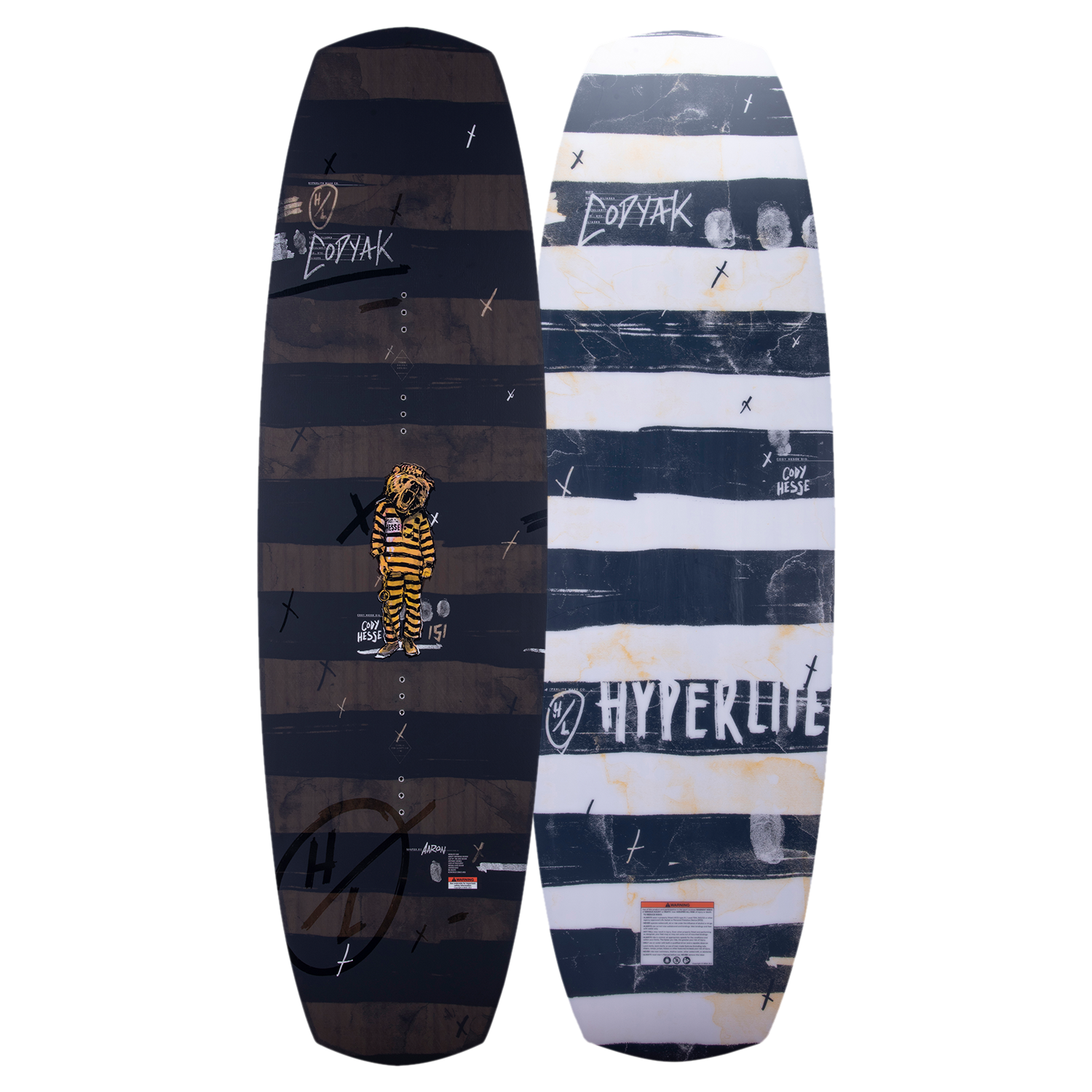 Top and base of striped Codyak wakeboard: one has a tiger, the other has text and abstract designs.