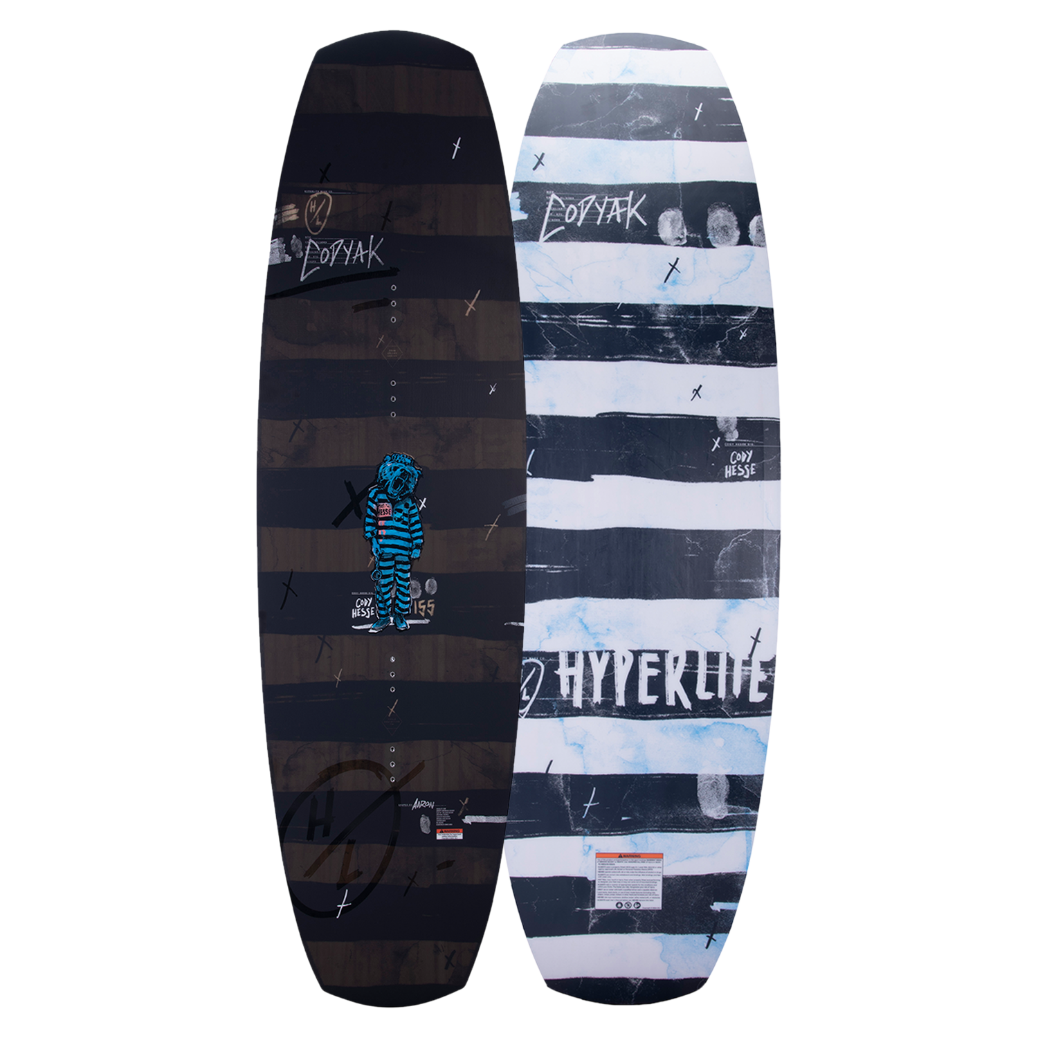 Top and base of Codyak wakeboard with blue and white patterns plus text.