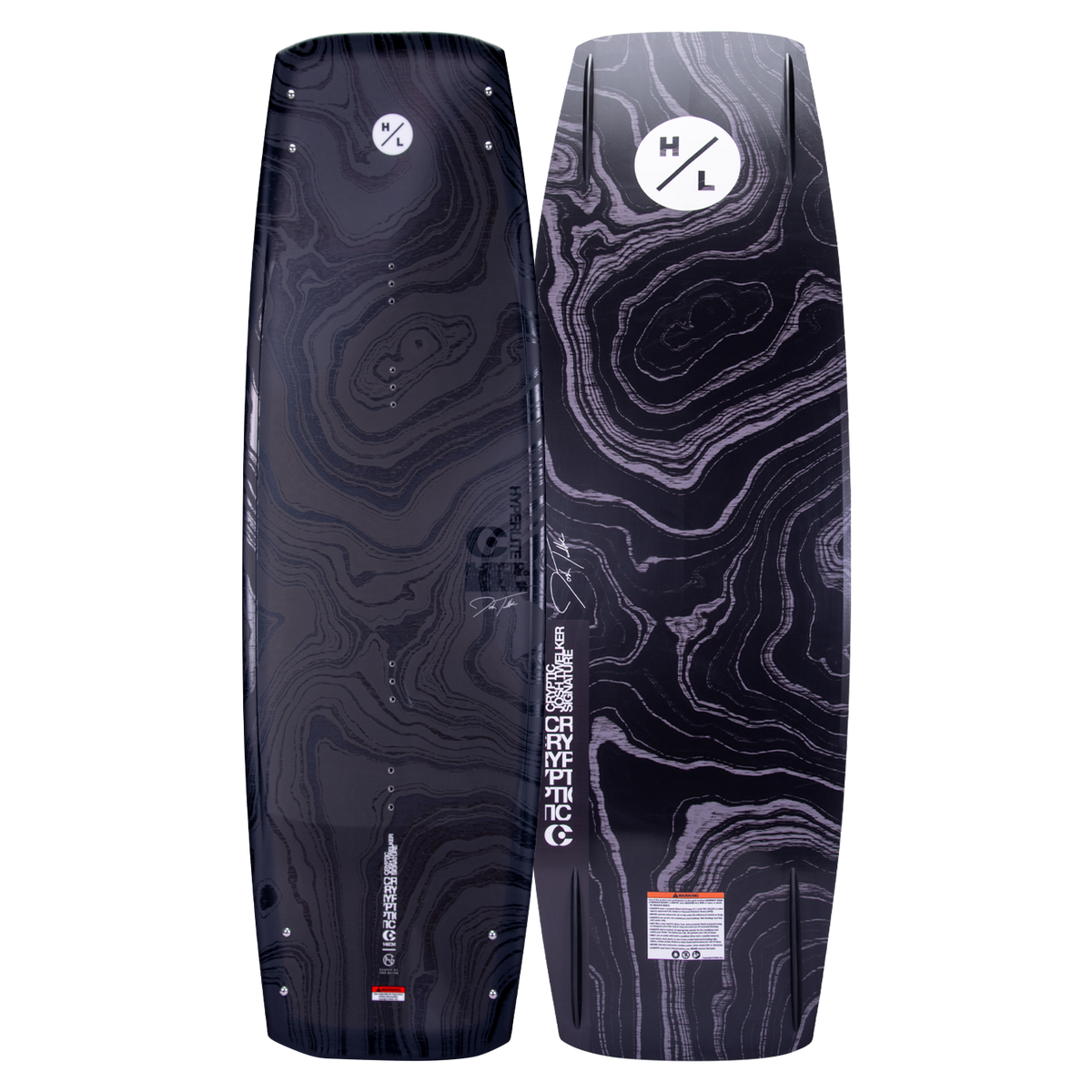 Dual view of the Cryptic wakeboard with black contour-style graphics and white circle logo.