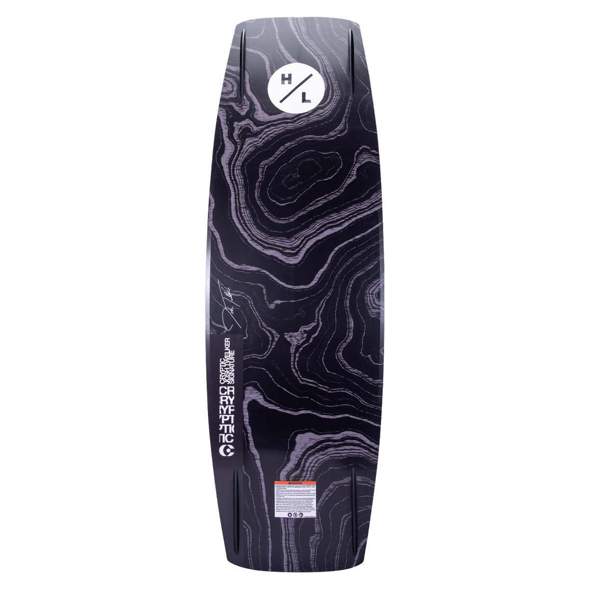 Base view of the Cryptic wakeboard with layered black and gray topographic-style artwork.