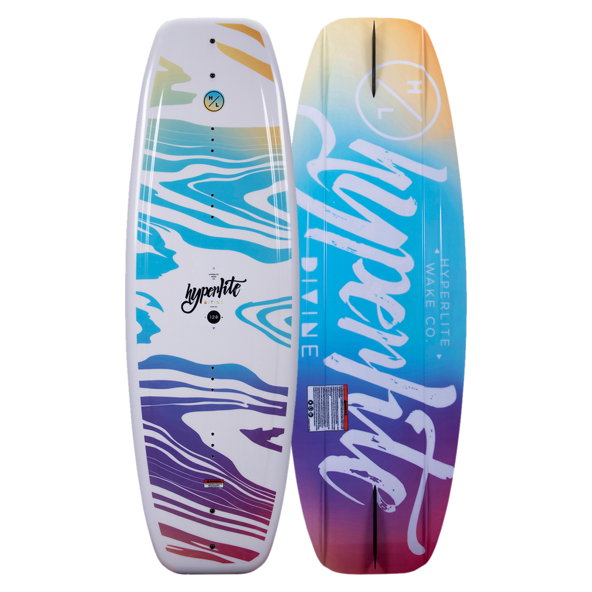 Top and base of Divine Jr. 119cm wakeboard, colorful and abstract, ideal for kids first boat ride.