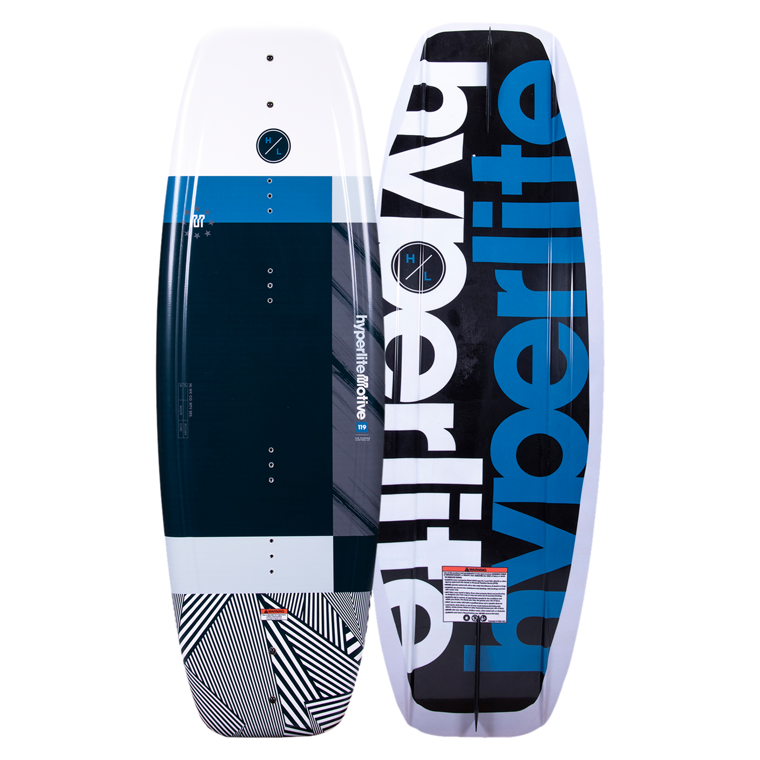 Front and back of Motive Jr. 119cm, a blue/black kids wakeboard with graphic design.