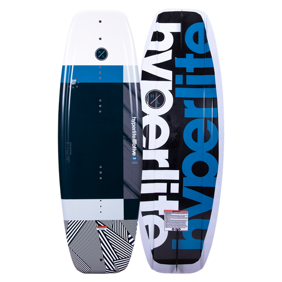 Front and back of Motive Jr. 119cm, a blue/black kids wakeboard with graphic design.