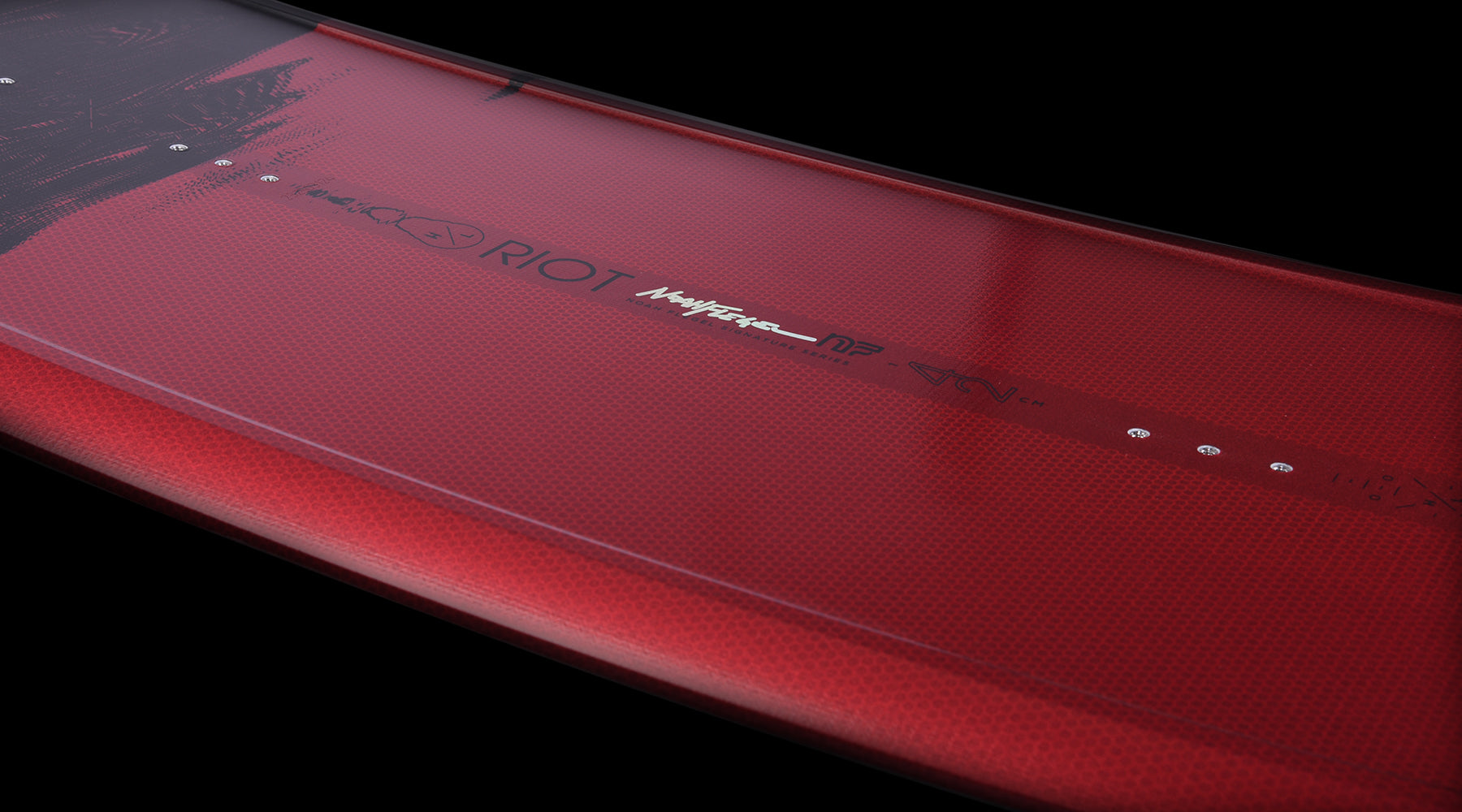 Red snowboard with black design and the word RIOT on its surface.