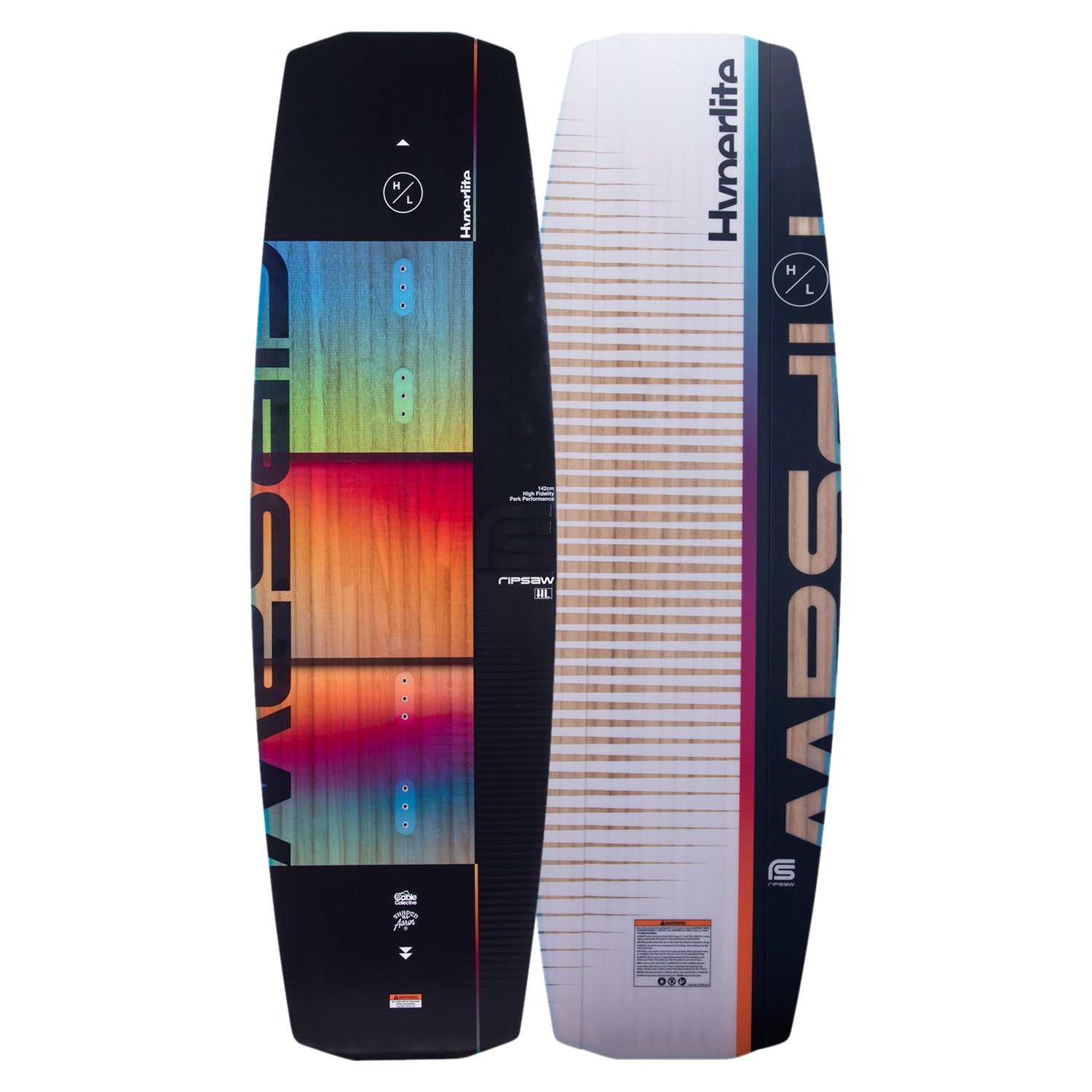 Top and base of colorful Ripsaw wakeboard displayed vertically.