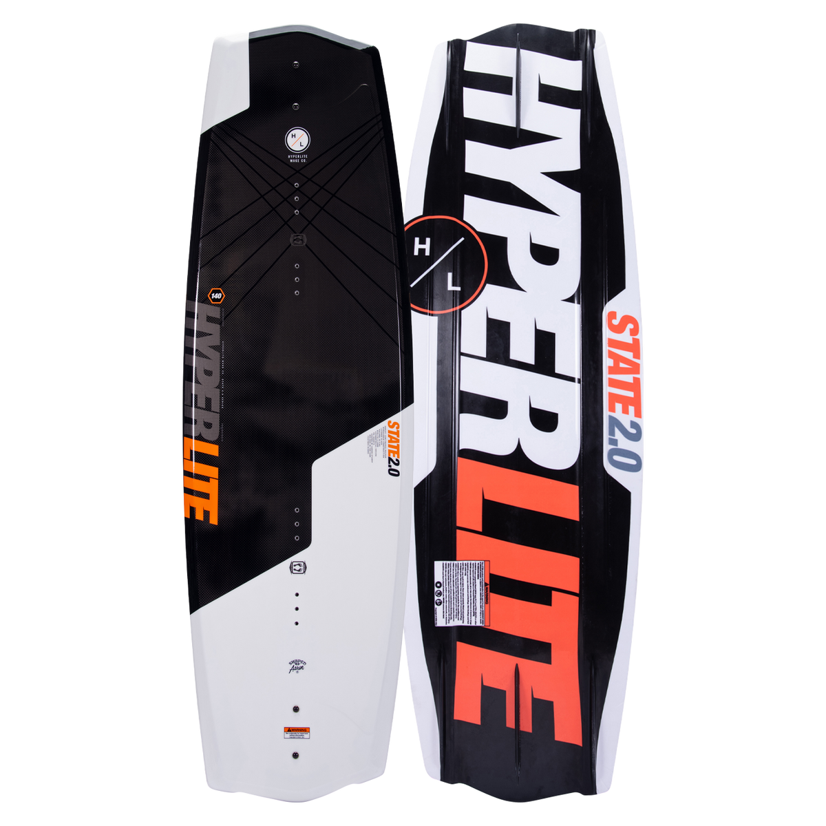 Top and base of asymmetric Hyperlite State Jr. wakeboards, 125cm, in black, white, and orange.