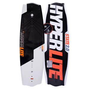 Top and base of asymmetric Hyperlite State Jr. wakeboards, 125cm, in black, white, and orange.