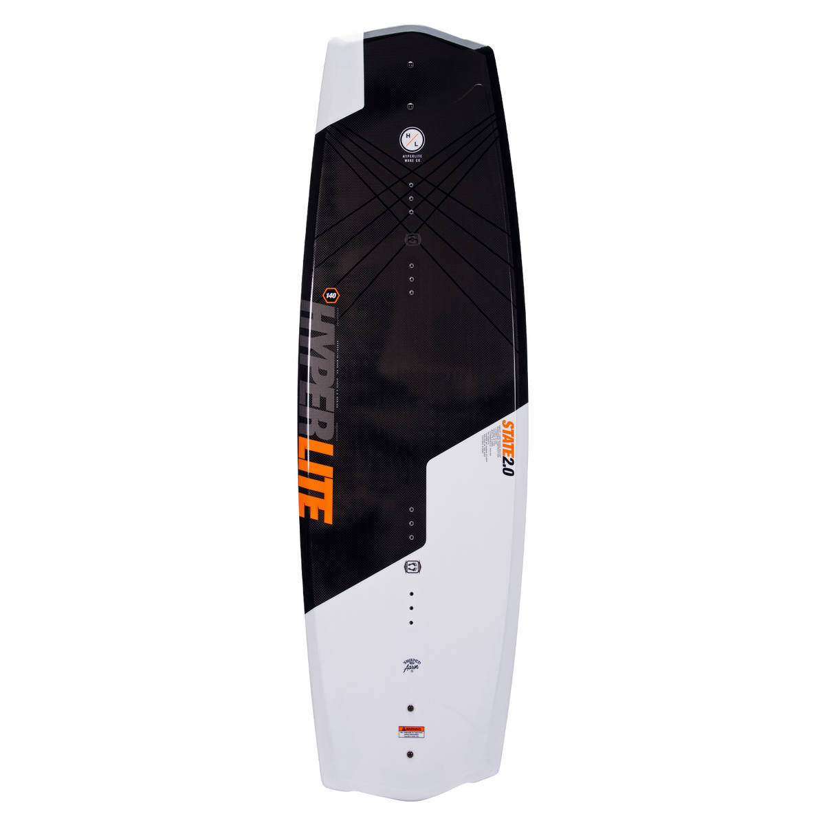 State Jr. 125cm wakeboard: Asymmetrical black & white with orange Hyperlite branding.