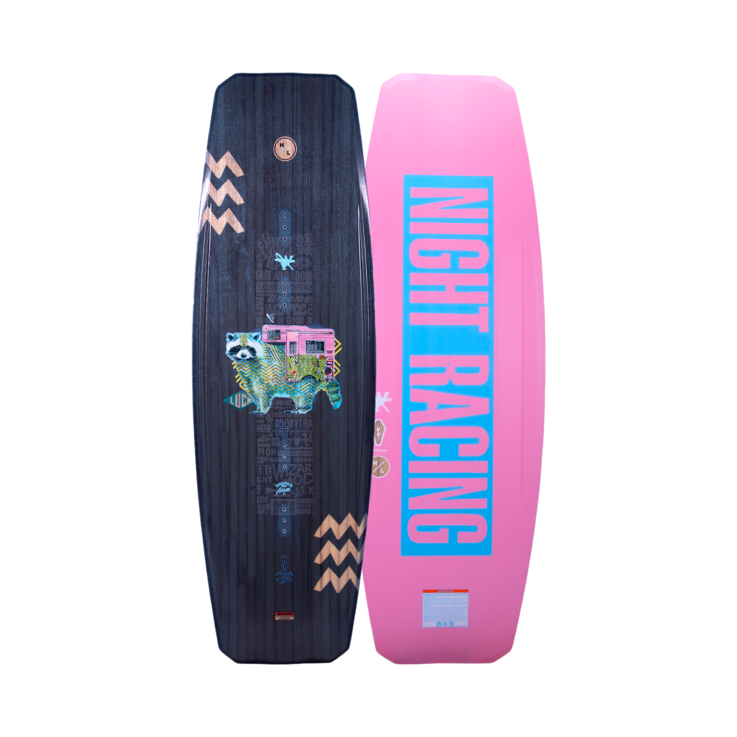 Top and base of vibrant Union 2024 wakeboard with Night Racing text and a Woodlite Core.