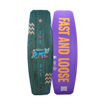 Top and base of Union 2024 wakeboard: Wolf design and FAST AND LOOSE in bold yellow, Woodlite Core.