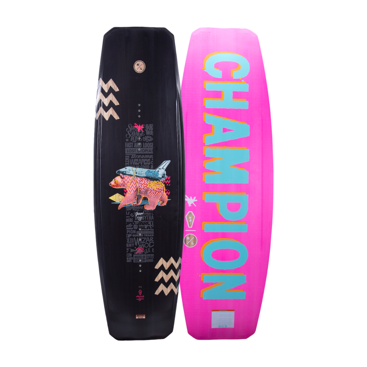 Top and base of Union 2024 wakeboard: one graphic, one pink with CHAMPION and Woodlite Core.