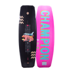 Top and base of Union 2024 wakeboard: one graphic, one pink with CHAMPION and Woodlite Core.