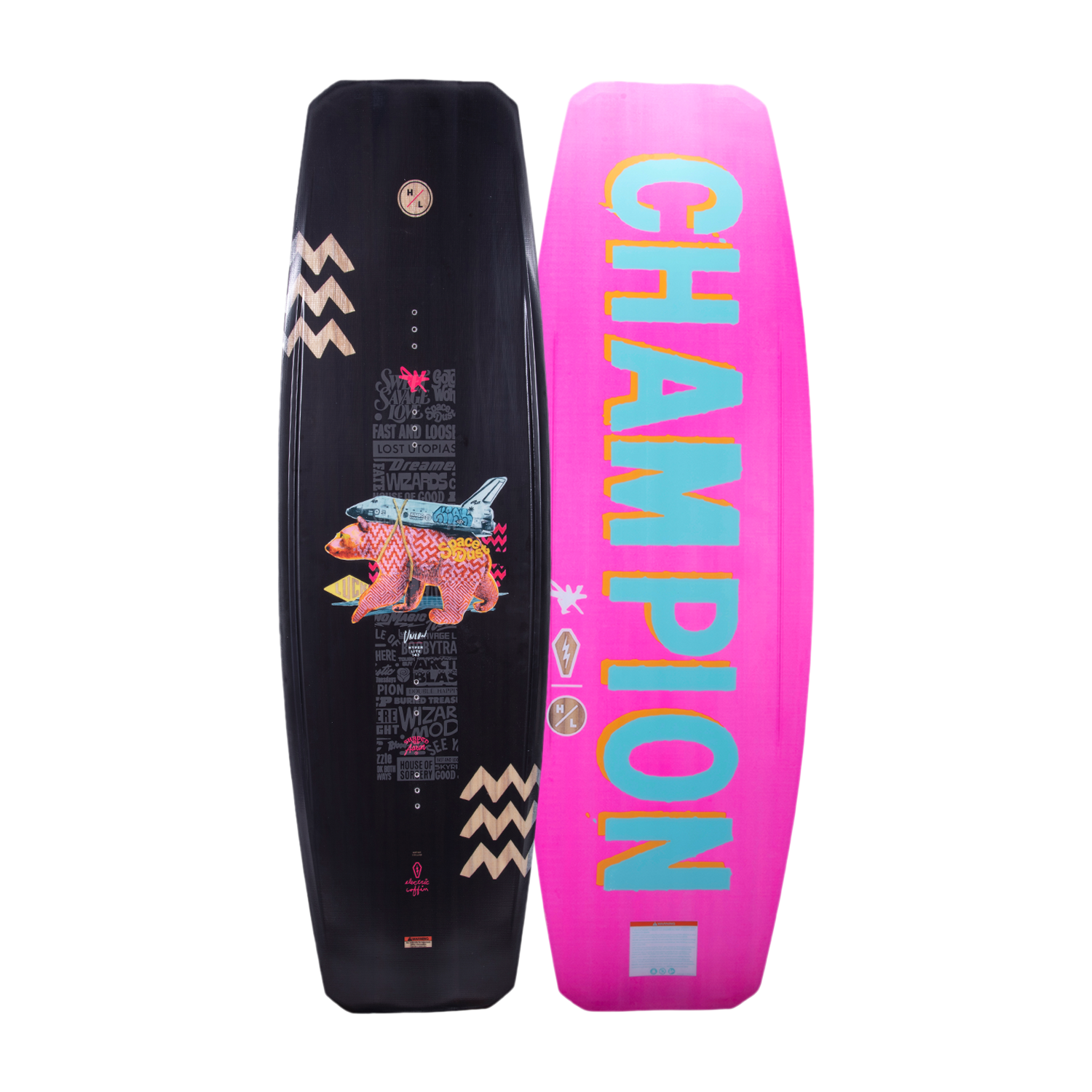 Top and base of Union 2024 wakeboard: one graphic, one pink with CHAMPION and Woodlite Core.