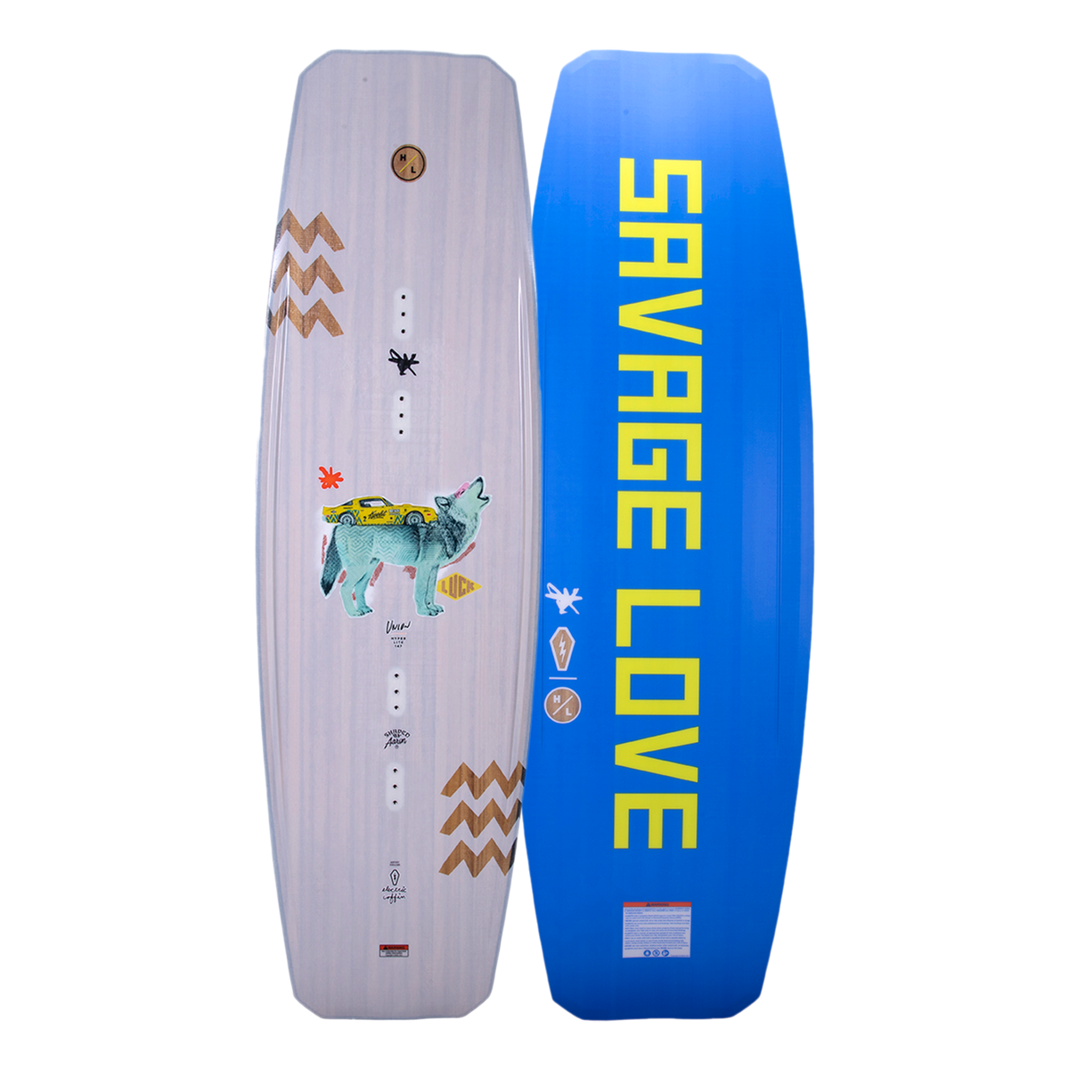 Union 2024 wakeboard with art and blue SAVAGE LOVE on Woodlite Core.