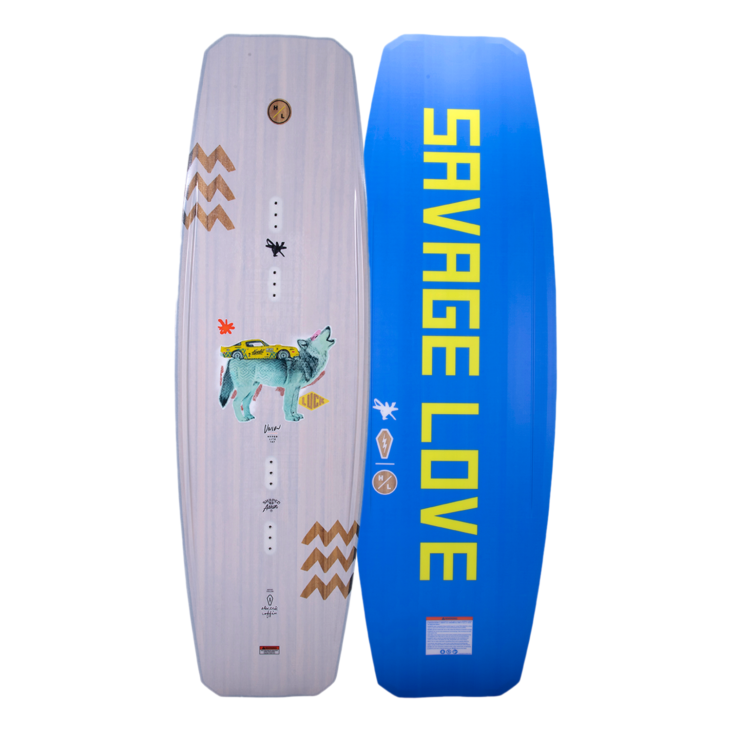 Union 2024 wakeboard with art and blue SAVAGE LOVE on Woodlite Core.