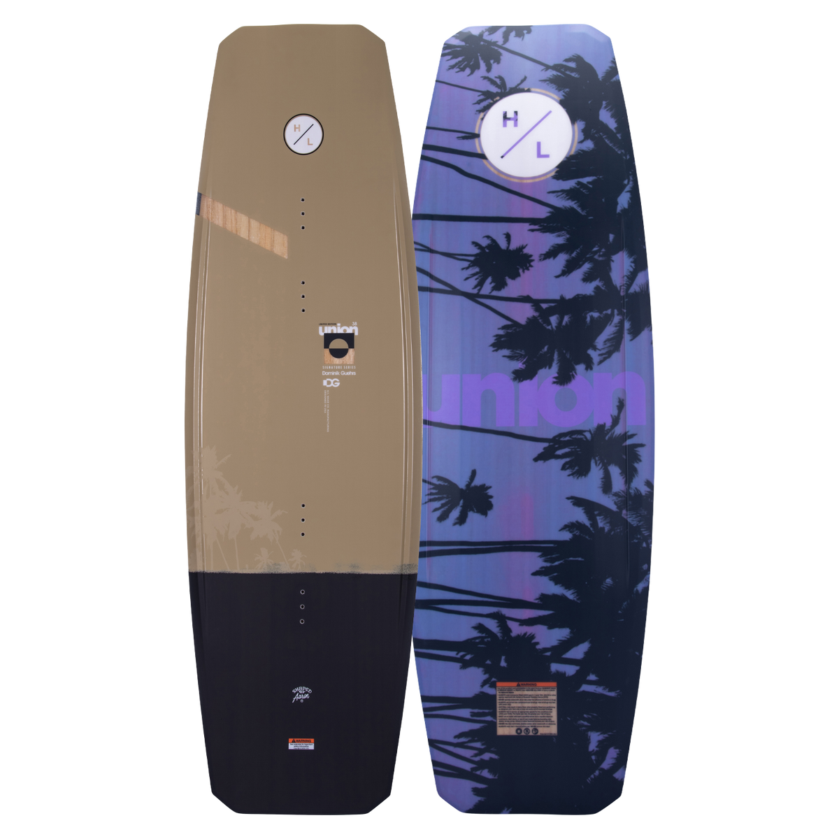 Top and base of wakeboard: one minimalist, the other Dom Guehrs with palm tree and Woodlite Core.