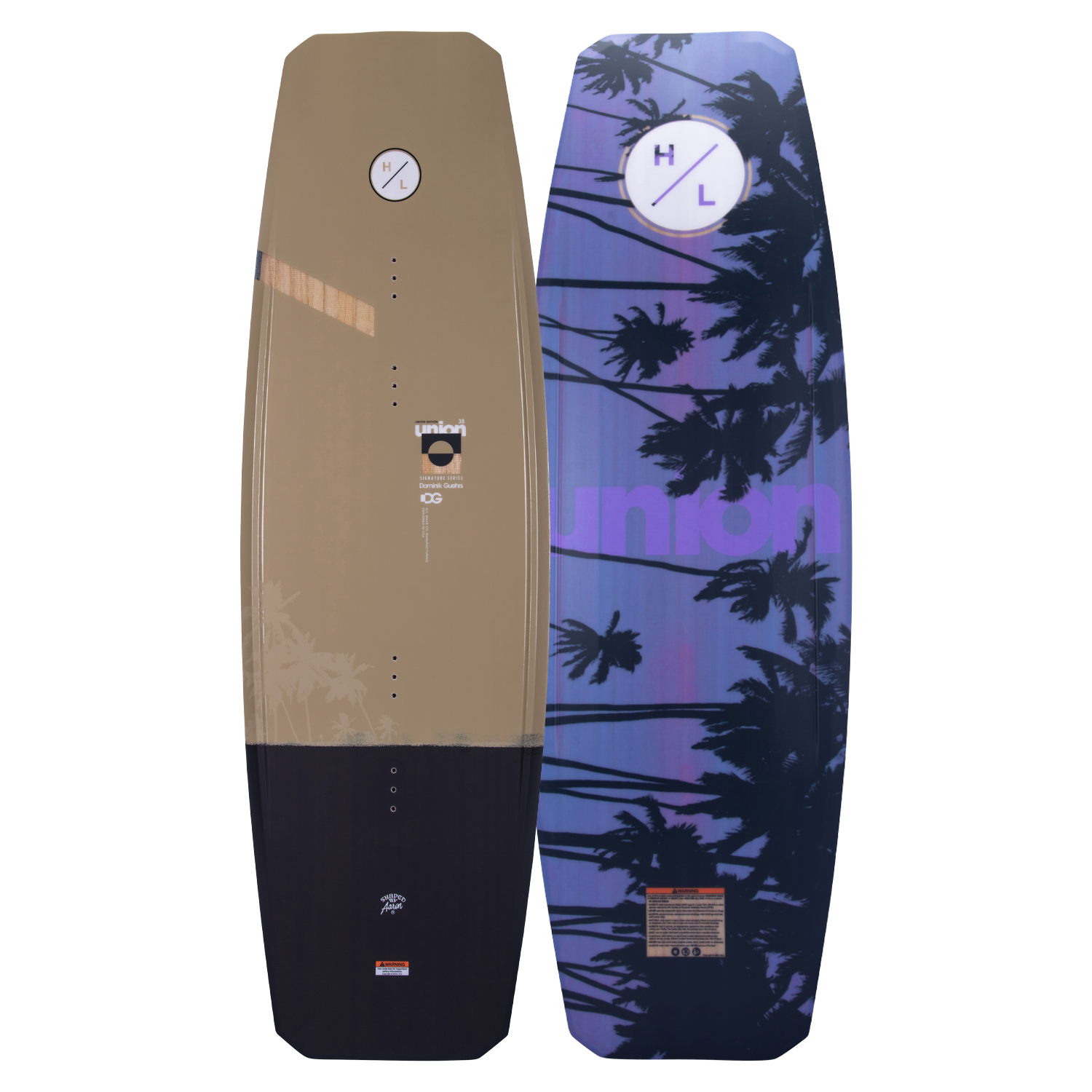 Top and base of wakeboard: one minimalist, the other Dom Guehrs with palm tree and Woodlite Core.