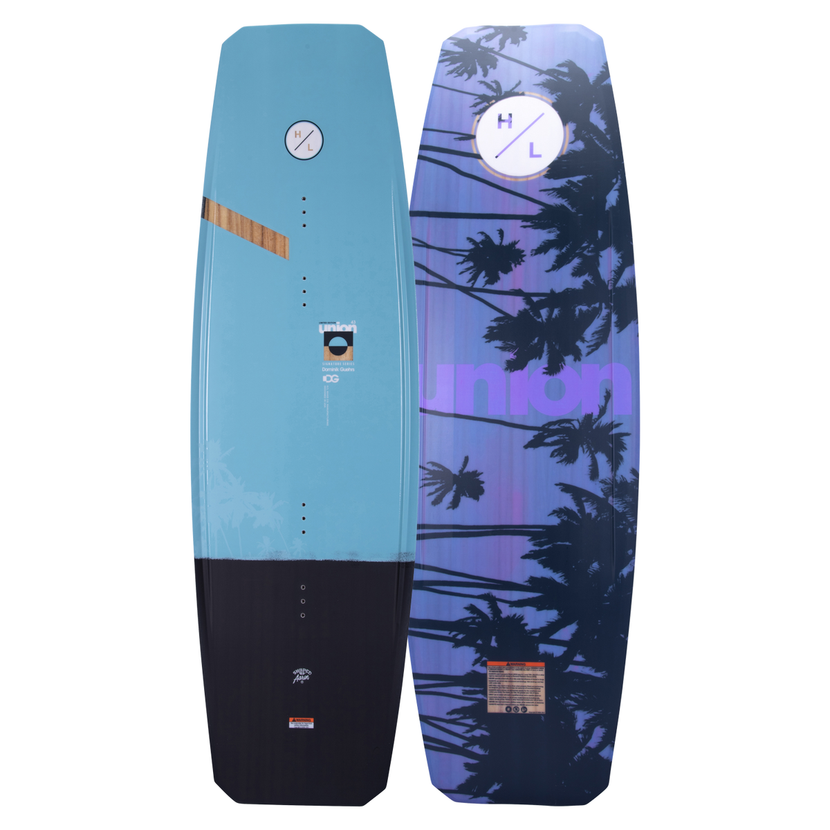 Top and base of colorful wakeboard with palm tree & geometric designs, Union Dom Guehrs Ltd. Edition.