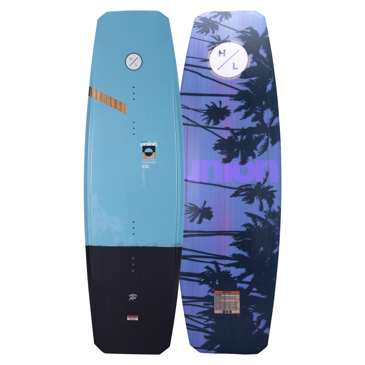 Top and base of colorful wakeboard with palm tree & geometric designs, Union Dom Guehrs Ltd. Edition.