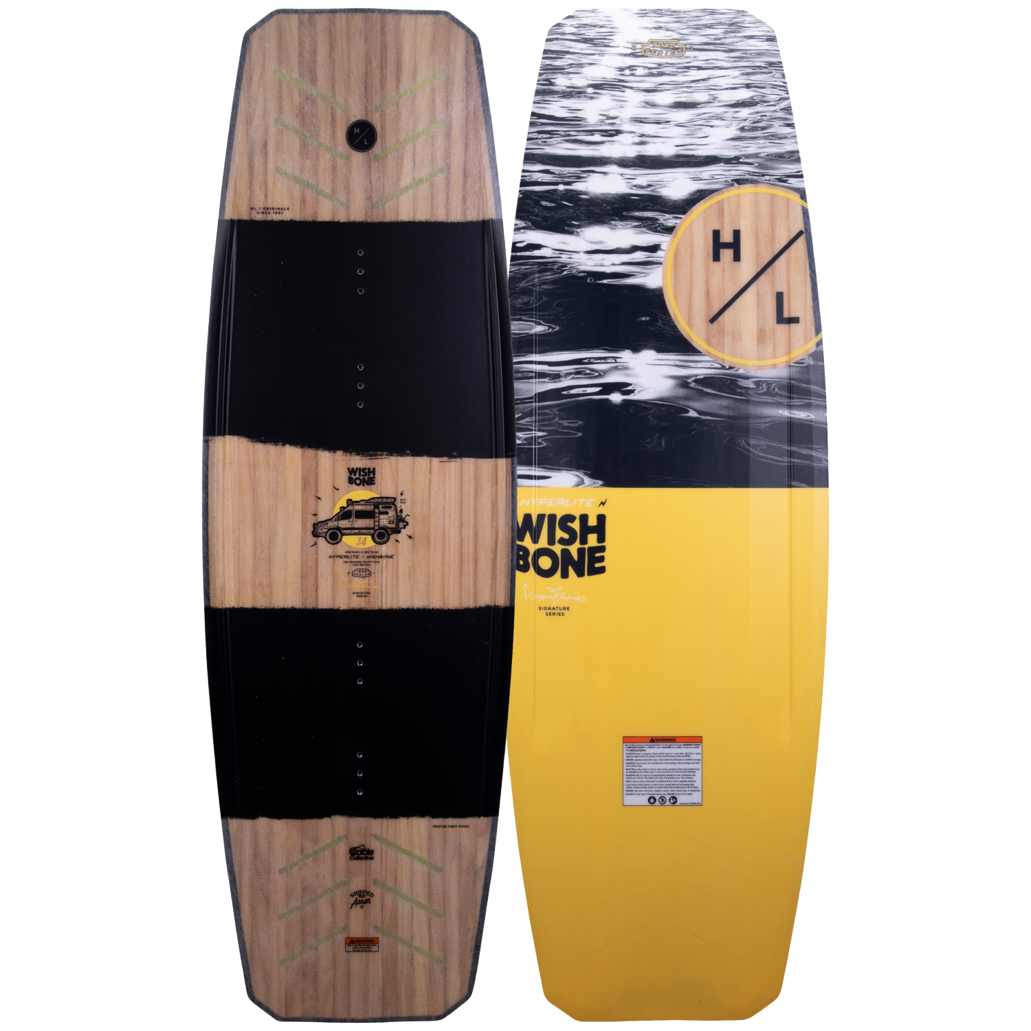 Wishbone 2022: Woodlite Core wood texture board; yellow/black board with logo and wave pattern.