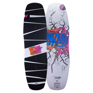 Top and base of vibrant 2024 Hyperlite WizardStick wakeboard with unique designs and E-Core Construction.