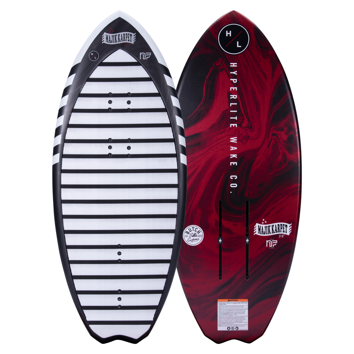 Top and base of wakeboard: black stripes & red abstract with Durashell, both Majik Karpet Carbon Kit.